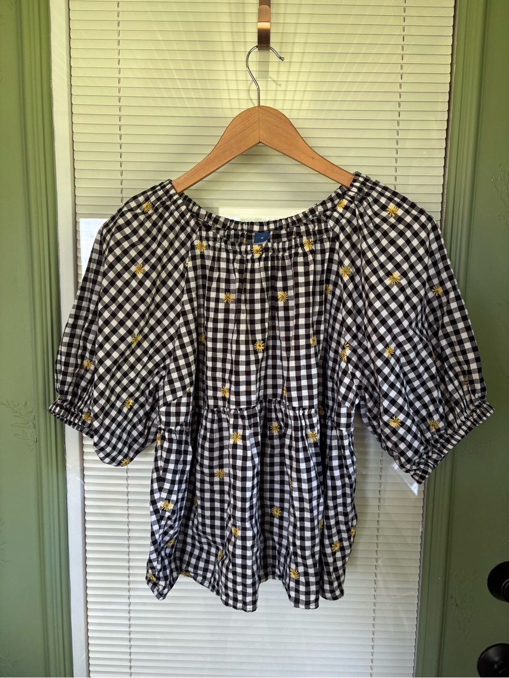 Black & White Ruffle Gingham Top with Yellow Flower Embroidery